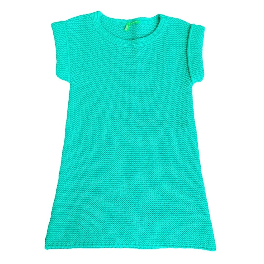 Benetton Girls M (7-8) Green Knit Sweater Dress Tunic Acrylic Wool Cap Sleeve